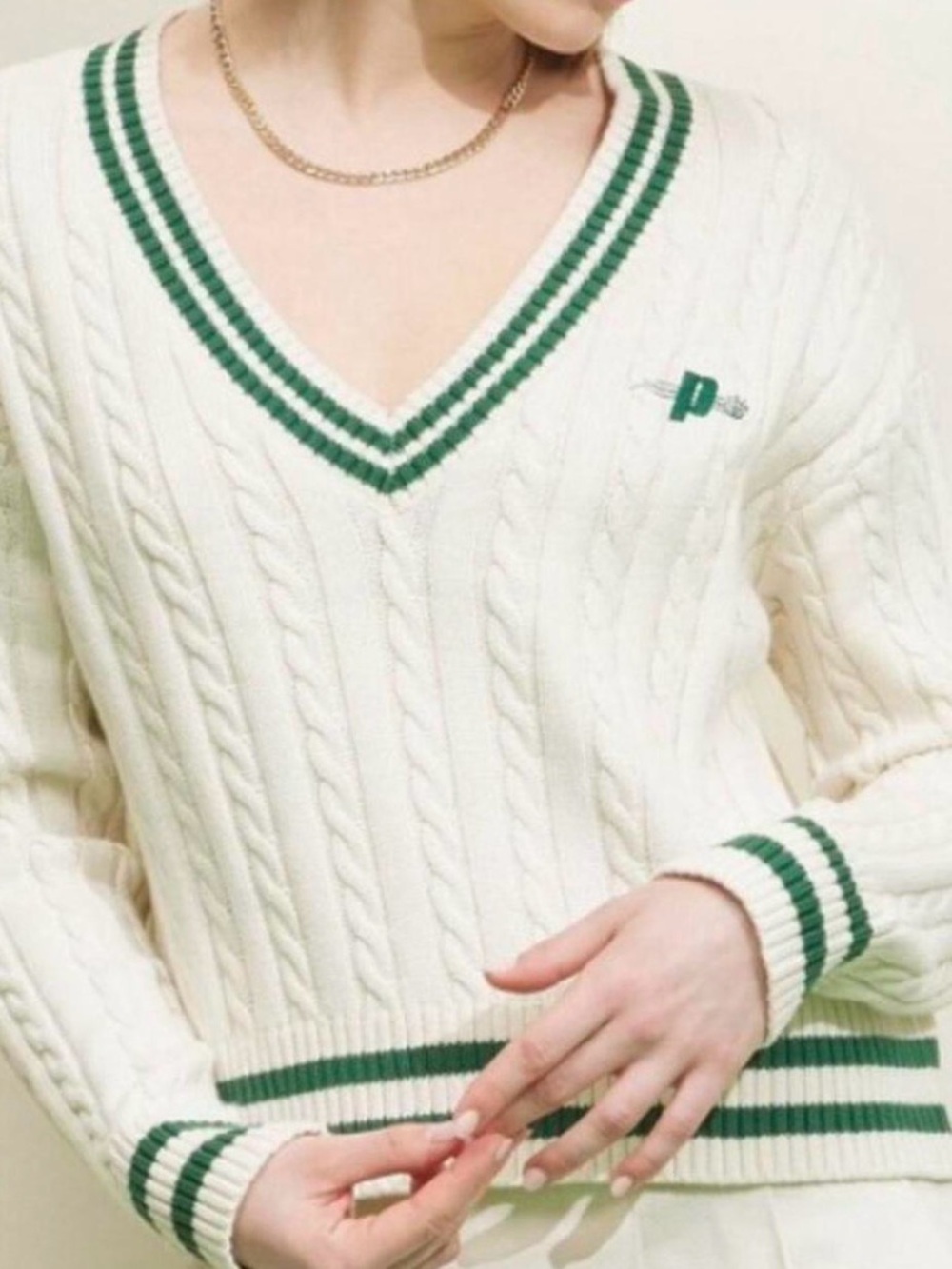 Prince Pickleball Cable Knit Tennis Sweater XS White Green Cropped V Neck Prep